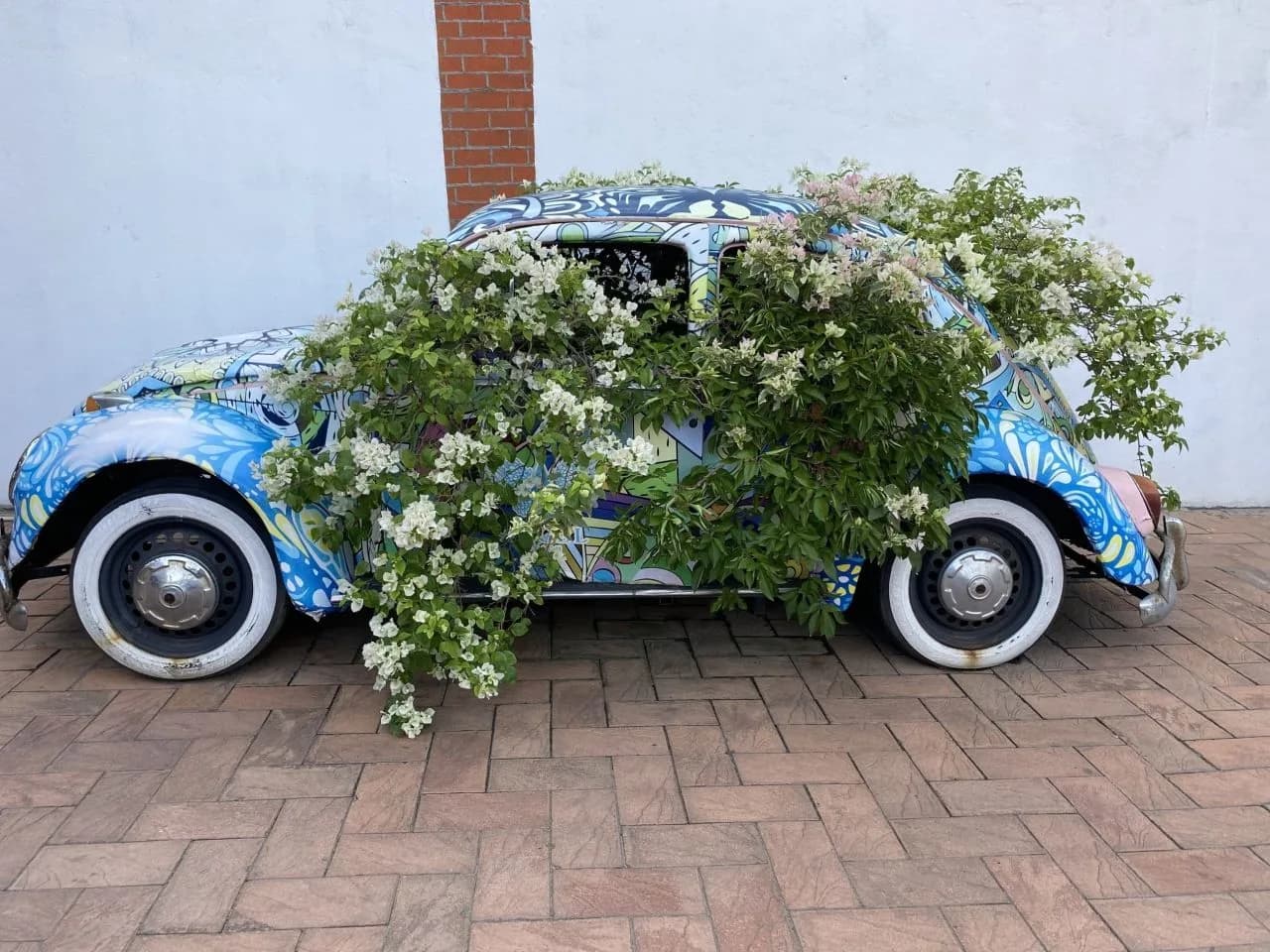 Malovaný Volkswagen brouk pokrytý zelení a bílými květy